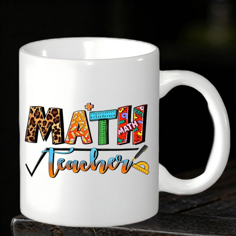 Tailorly White Ceramic 11 oz Mug - Math Teacher Colorful Leopard Print School Supplies With Artistic Education Theme Symbols Mug