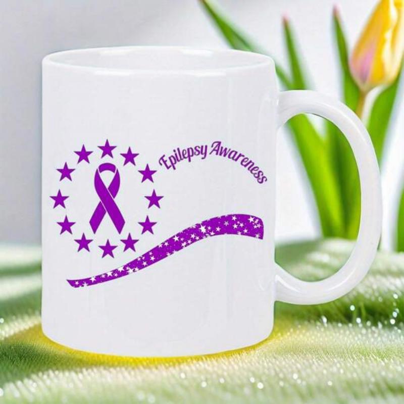 Tailorly White Ceramic 11 oz Mug - Epilepsy Awareness Purple Symbols Surrounded By Radiant Stars Over Decorative Wavy Ribbon