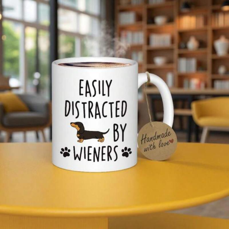 Tailorly White Ceramic 11 oz Mug - Easily Distracted By Wieners Tiny Black Paws Featuring Minimalist Cartoon Illustration Silhouette Dachshund