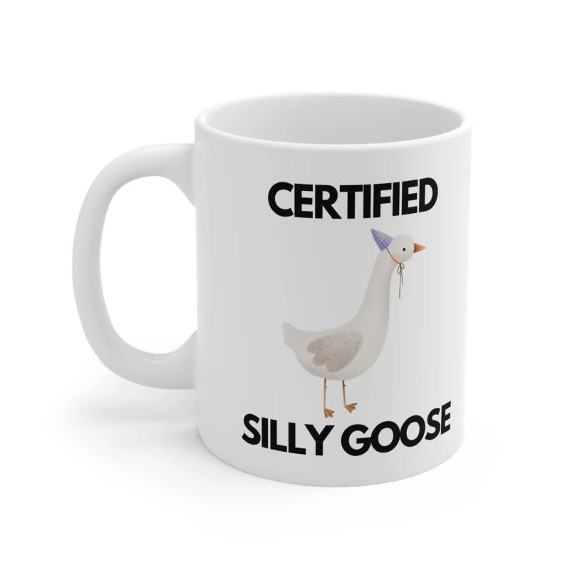 Tailorly White Ceramic 11 oz Mug - Certified Silly Goose Playful Cartoon Bird Wearing A Purple Party Hat On White Ceramic Goose