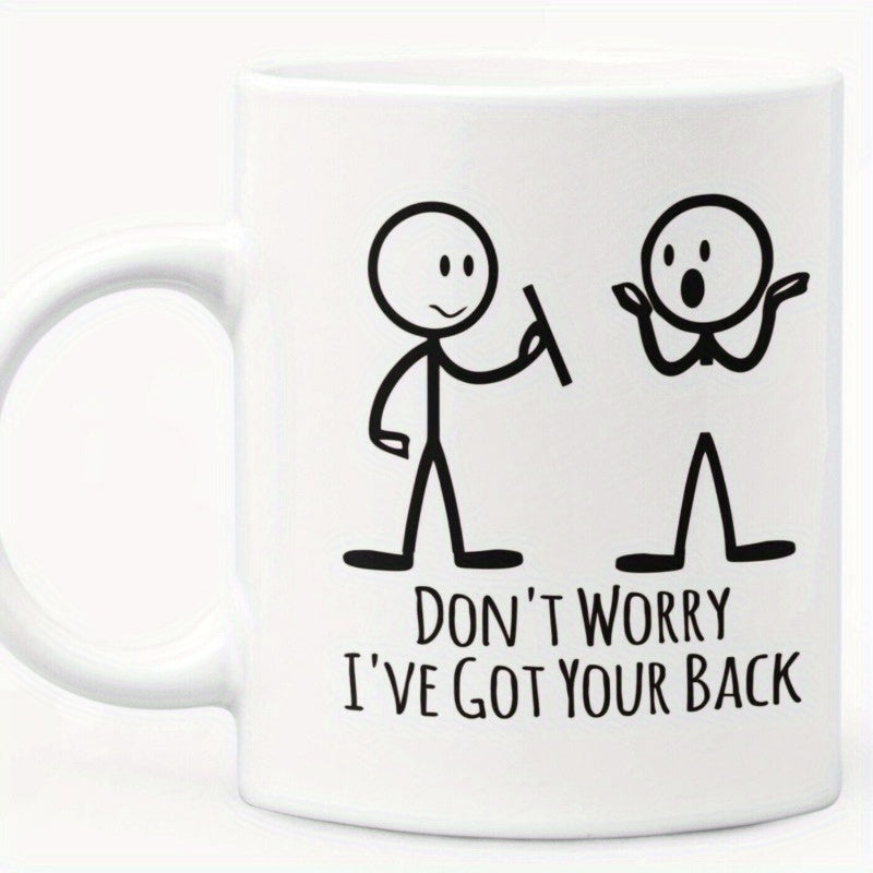 Tailorly White Ceramic 11 oz Mug - Dont Worry Ive Got Your Back Simple Minimalist Black Line Drawing Featuring Two Playful Stick Figure