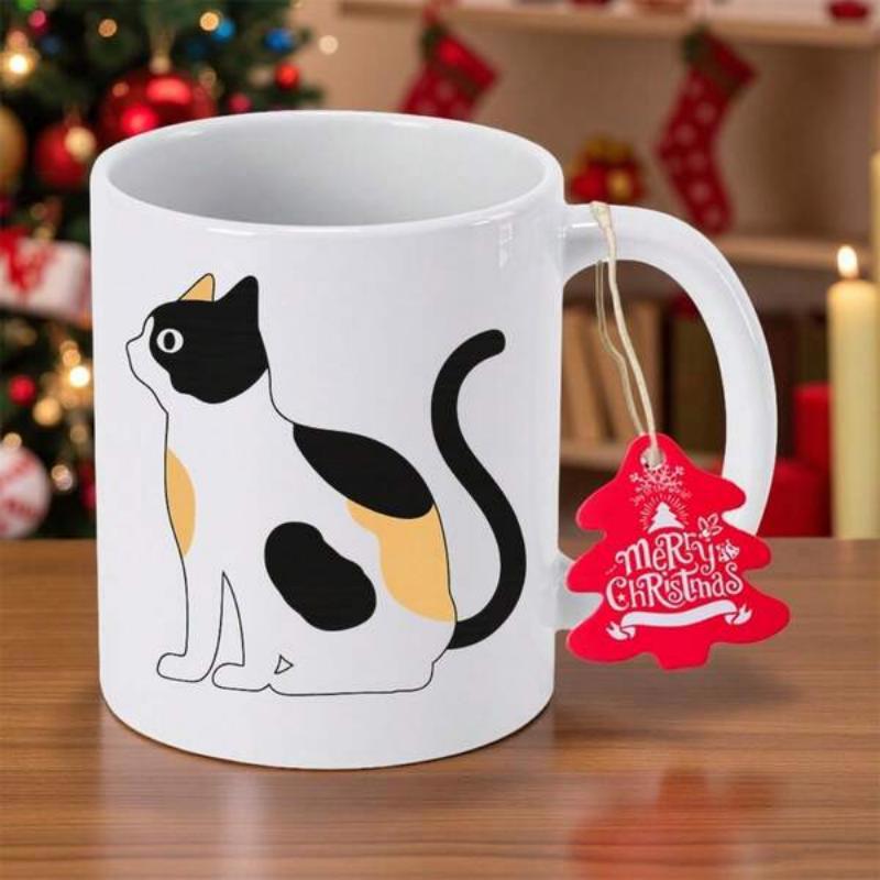 Tailorly White Ceramic 11 oz Mug - Merry Christmas Simple Stylized Calico Cat Sitting With Black And Orange Spots Cat