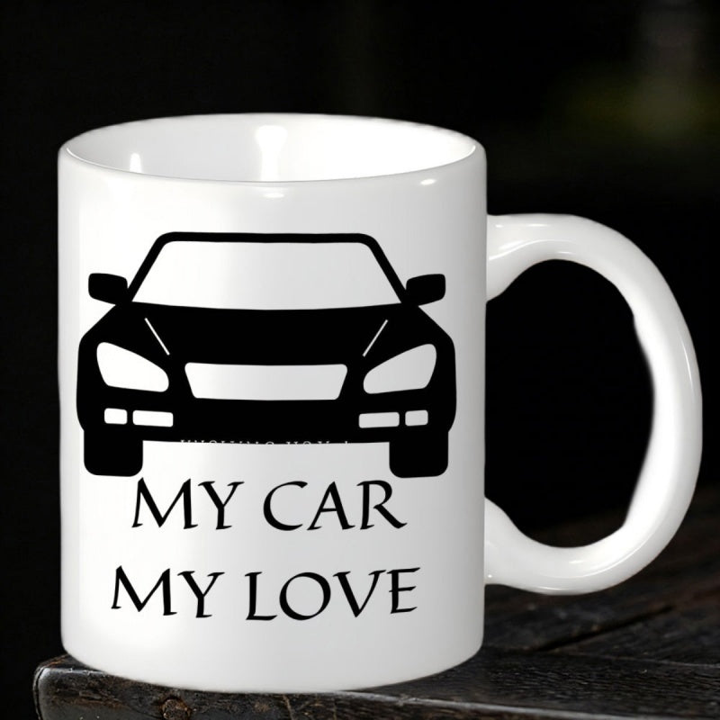 Tailorly White Ceramic 11 oz Mug - My Car My Love Minimalist Front View Silhouette Of A Modern Black Sedan Car