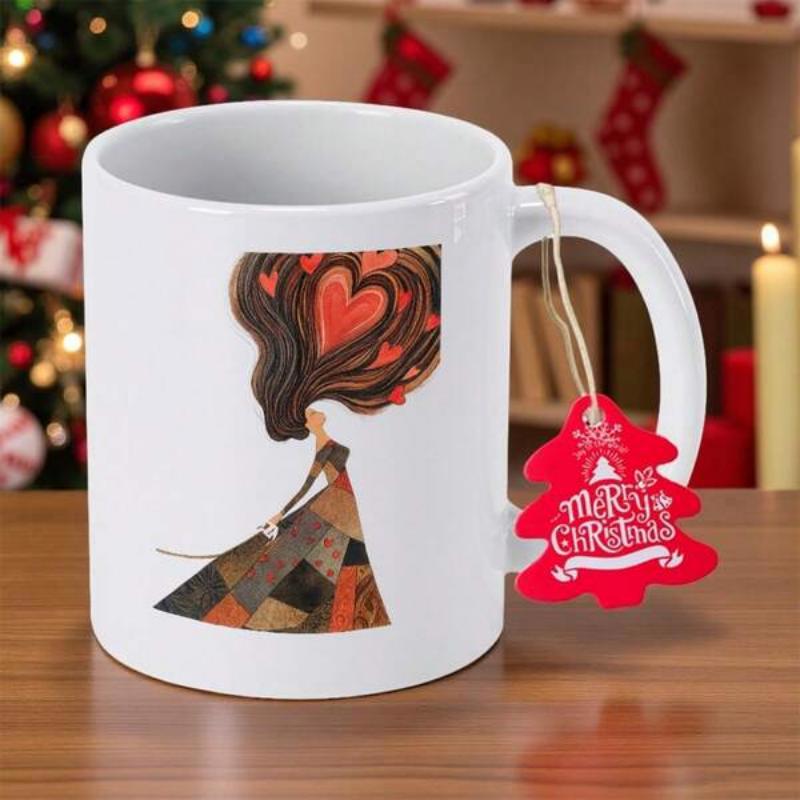 Tailorly White Ceramic 11 oz Mug - Merry Christmas Elegant Stylized Lady With Flowing Hair Containing Vibrant Red Glowing Heart Figure