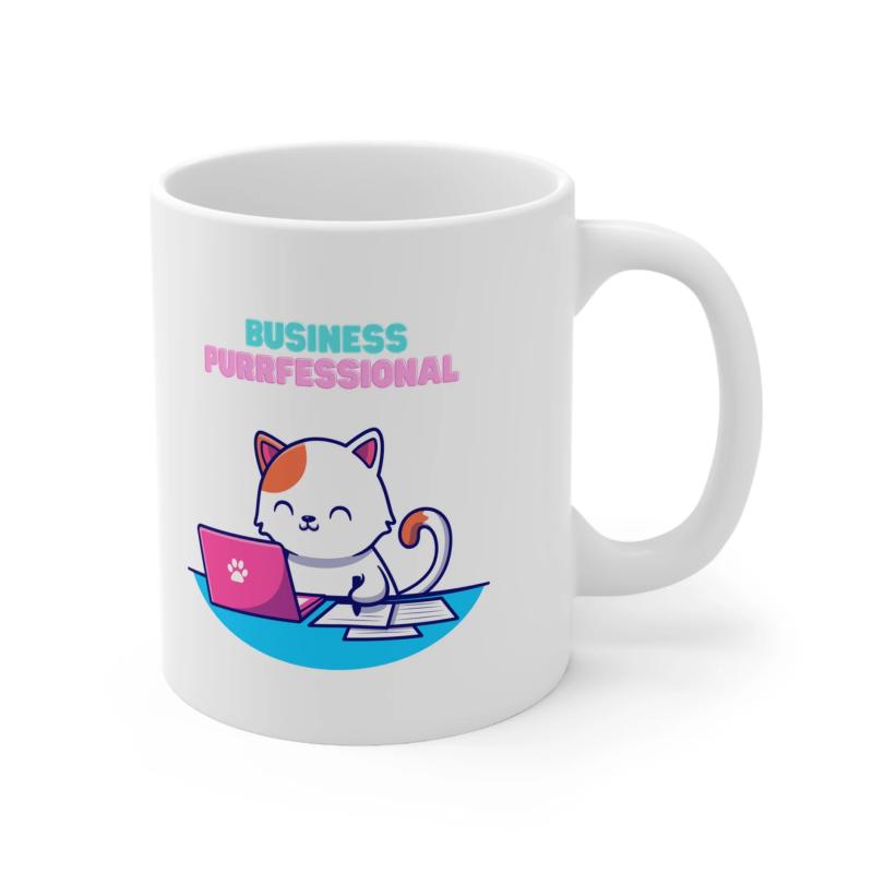 Tailorly White Ceramic 11 oz Mug - Business Purrofessional Cute Cartoon Calico Working On Pink Laptop With Notebook Office Cat