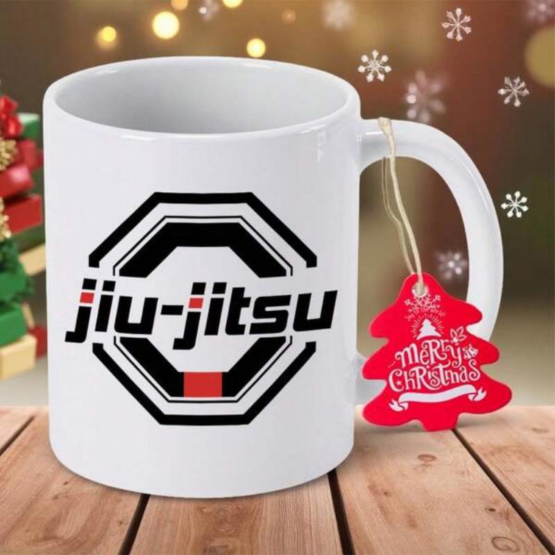 Tailorly White Ceramic 11 oz Mug - Jiu Jitsu Merry Christmas Sleek Featuring Geometric Octagon Symbol And Bold Script Mug