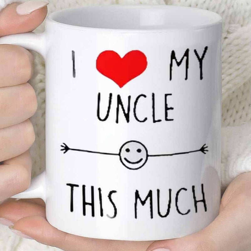 Tailorly White Ceramic 11 oz Mug - I Love My Uncle This Much Simple White Ceramic Texture With Red Heart And Cartoon Smiley Stick Figure Mug
