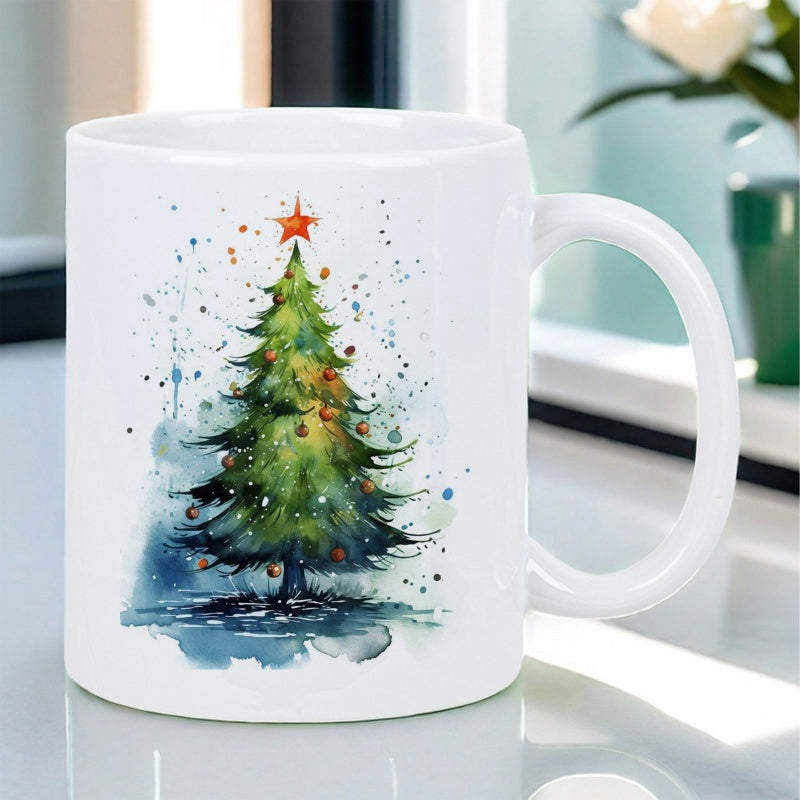 Tailorly White Ceramic 11 oz Mug - Watercolor Festive Holiday Artistic Splatters Decorating A Majestic Green Christmas Tree