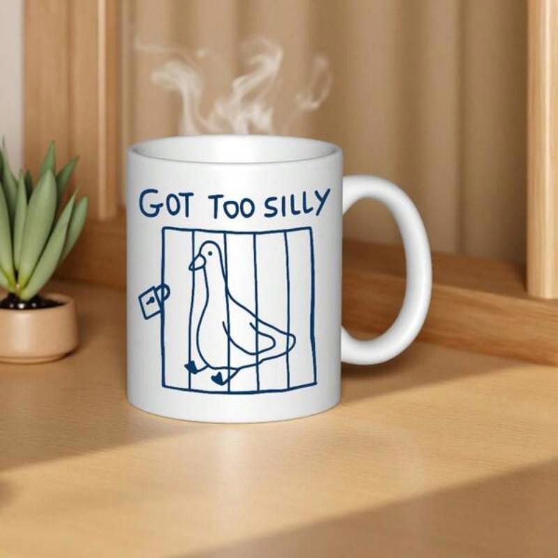 Tailorly White Ceramic 11 oz Mug - Got Too Silly Minimalist Blue Ink Drawing Of A Duck In Prison Bars Duck