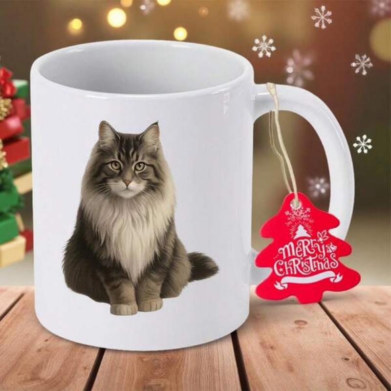 Tailorly White Ceramic 11 oz Mug - Merry Christmas Elegant Long Haired Feline Sitting Peacefully With Beautiful Fluffy Fur Cat
