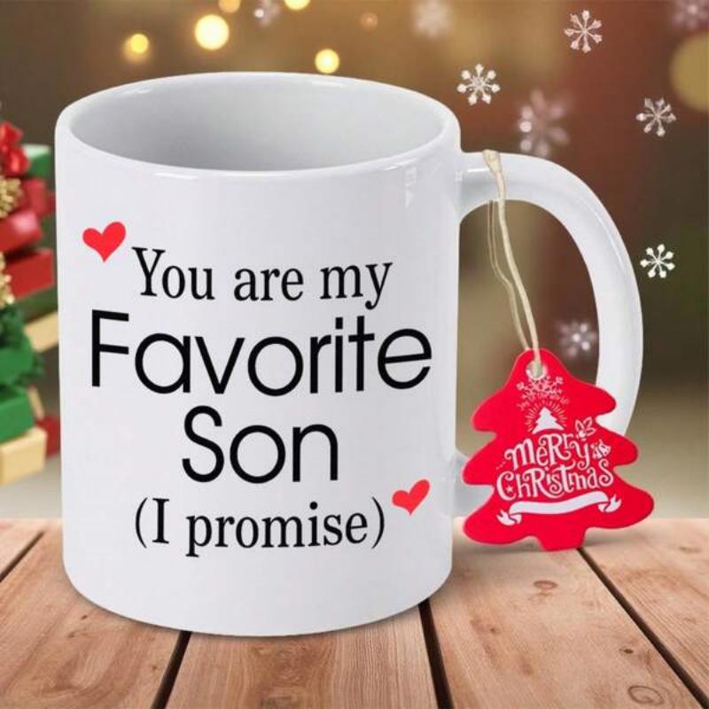 Tailorly White Ceramic 11 oz Mug - You Are My Favorite Son I Promise Minimalist Small Red Hearts Placed Symmetrically Around Bold Sentimental Heart