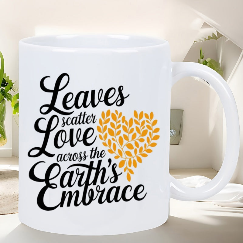 Tailorly White Ceramic 11 oz Mug - Leaves Scatter Love Across The Earths Embrace Golden Yellow Small Leaves Forming A Beautiful Nature Inspired Heart