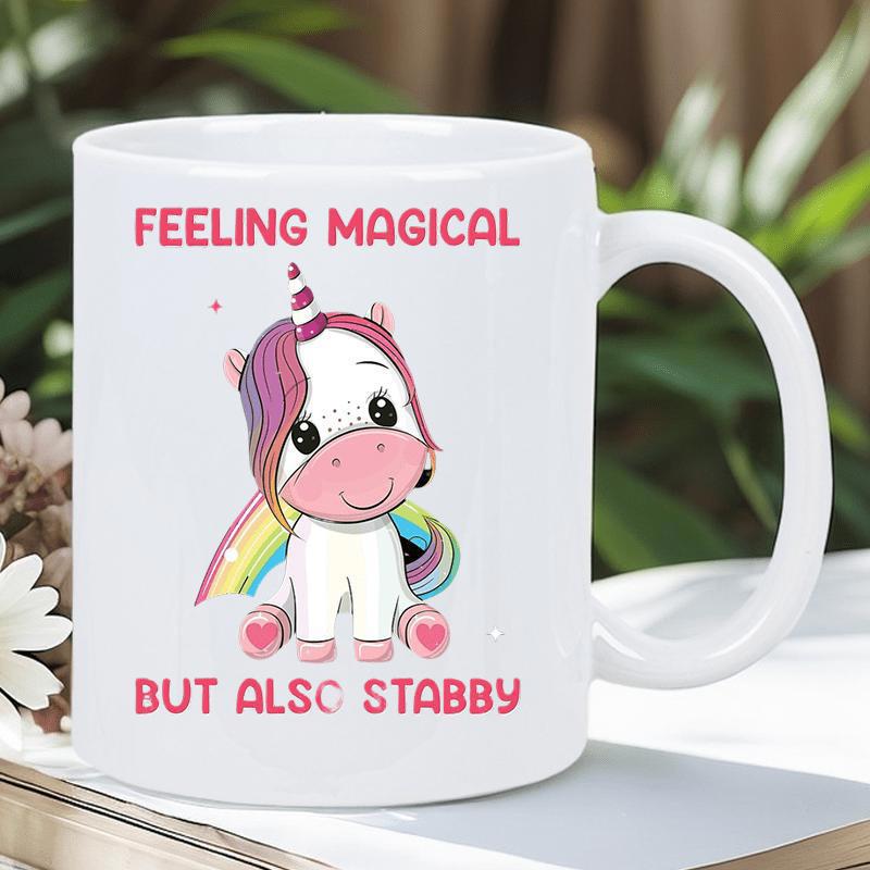 Tailorly White Ceramic 11 oz Mug - Feeling Magical But Also Stabby Adorable Cartoon Creature With Rainbow And Vibrant Pink Hair Unicorn