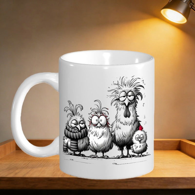 Tailorly White Ceramic 11 oz Mug - Whimsical Hand Drawn Sketch Of Four Funny Birds With Expressive Personalities Chicken
