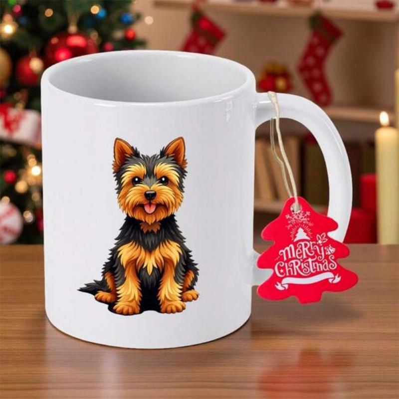 Tailorly White Ceramic 11 oz Mug - Merry Christmas Cute Sitting Long Haired Puppy Featuring Golden And Black Fur Yorkshire Terrier