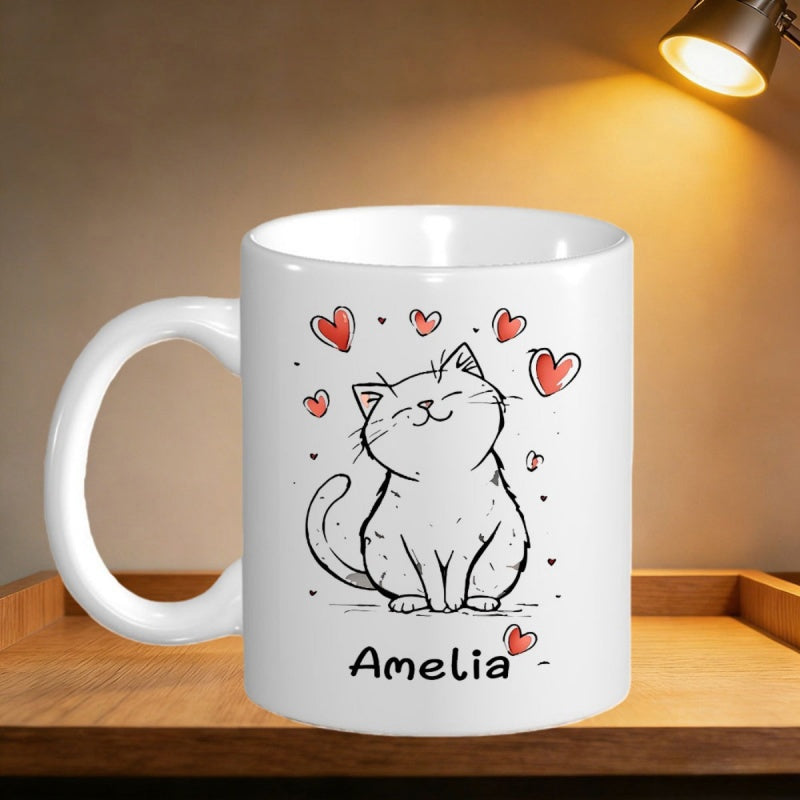 Tailorly White Ceramic 11 oz Mug - Amelia Cute Hand Drawn Smiling Kitten Surrounded By Small Red Love Hearts Cat