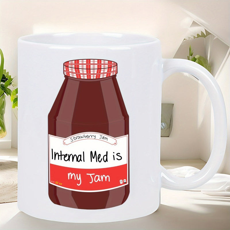 Tailorly White Ceramic 11 oz Mug - Internal Med Is My Jam Classic Red Checkered Lid Container Holding Sweet Dark Fruit Preserve Jar