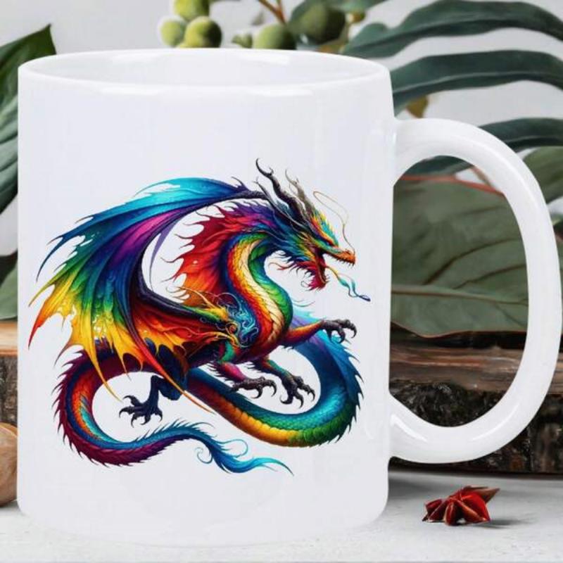 Tailorly White Ceramic 11 oz Mug - Vibrant Rainbow Colored Mythical Creature With Sharp Claws And Large Wings Dragon