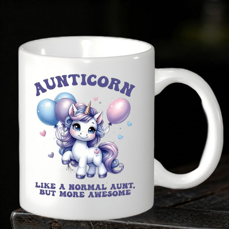 Tailorly White Ceramic 11 oz Mug - Aunticorn Like A Normal Aunt But More Awesome Adorable Purple Maned Mythical Creature Holding Pastel Balloons Floating With