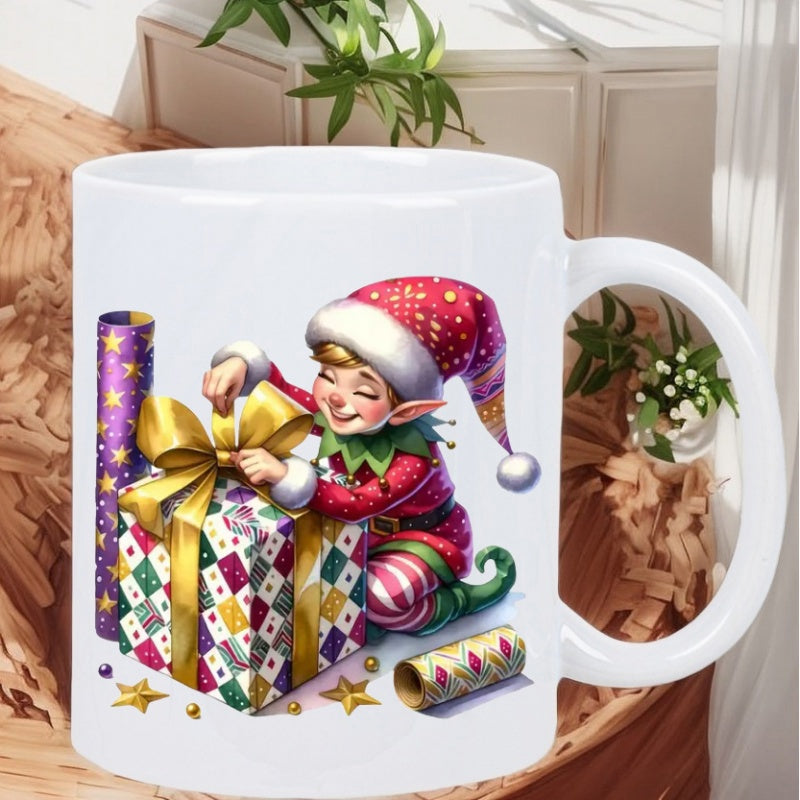 Tailorly White Ceramic 11 oz Mug - Joyful Holiday Illustration With Pointy Eared Character Wrapping A Colorful Present Elf