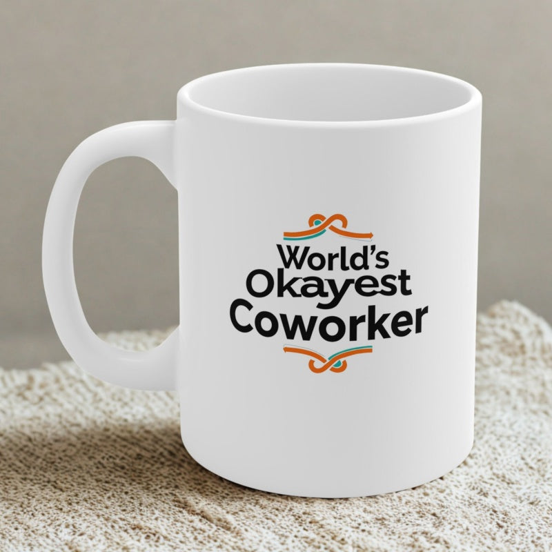 Tailorly White Ceramic 11 oz Mug - Worlds Okayest Coworker Symmetrical Decorative Flourishes In Orange And Teal Colors On Smooth Ceramic Mug