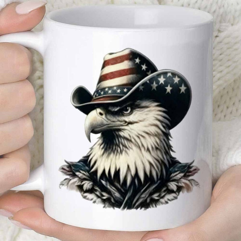 Tailorly White Ceramic 11 oz Mug - Patriotic American Flag Pattern Cowboy Hat Wearing Majestic Wild Bald Eagle