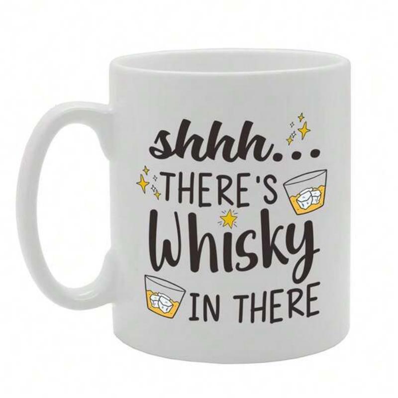 Tailorly White Ceramic 11 oz Mug - Shhh Theres Whisky In There Whimsical Cartoon Glasses Of Whiskey Filled With Ice And Stars Mug