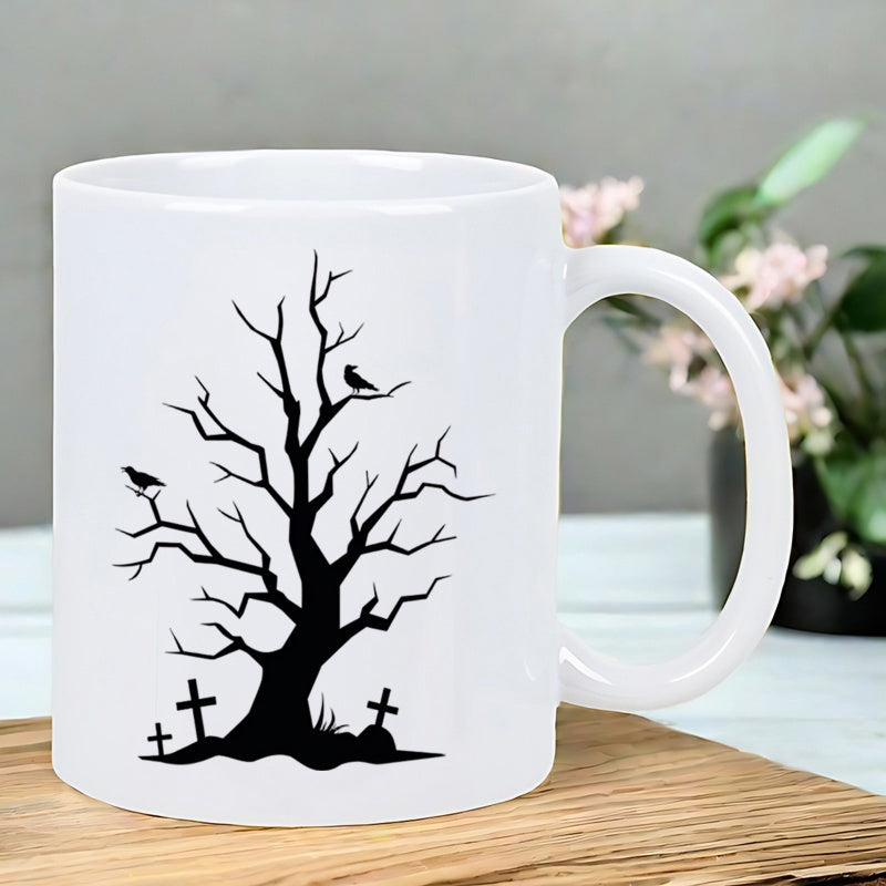 Tailorly White Ceramic 11 oz Mug - Spooky Silhouette With Perching Crows And Graveyard Crosses Bare Branch Tree