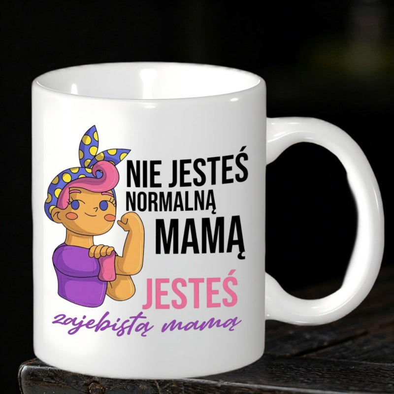 Tailorly White Ceramic 11 oz Mug - Strong Empowered Figure With Pink Hair And Polka Dot Headband Flexing Mother