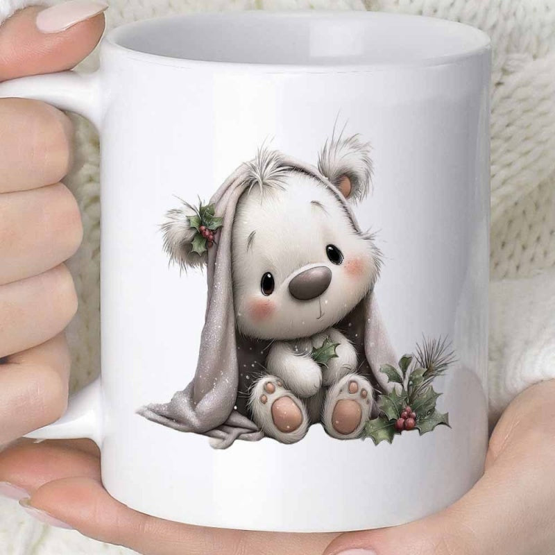 Tailorly White Ceramic 11 oz Mug - Adorable Fluffy White Bear Wearing Blanket Surrounded By Winter Holly Leaves Bear