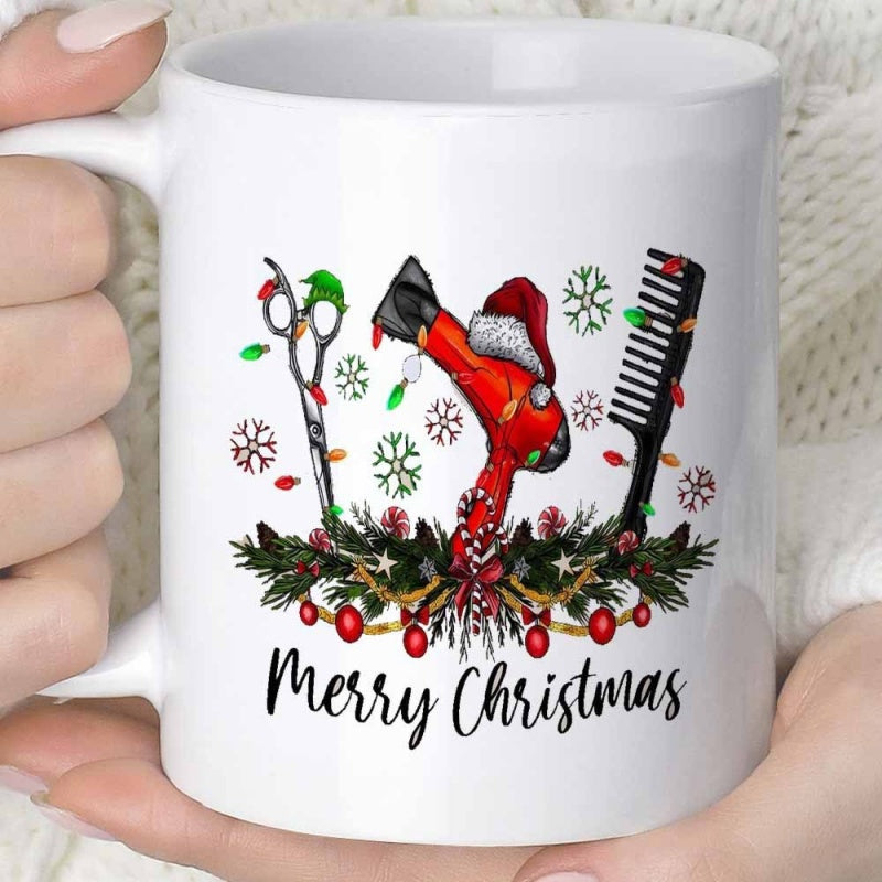 Tailorly White Ceramic 11 oz Mug - Merry Christmas Festive Hairdressing Tools Surrounded By Delicate Snowflakes And Pine Ornaments Hairdryer