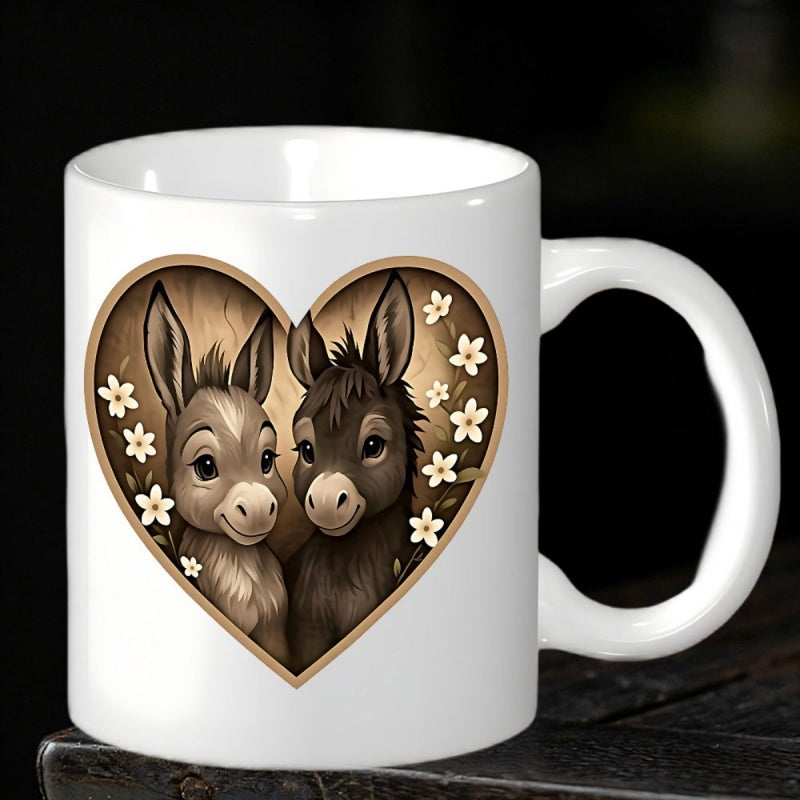 Tailorly White Ceramic 11 oz Mug - Adorable Pair Of Cute Donkeys Inside Heart Frame With Small Flowers Donkey