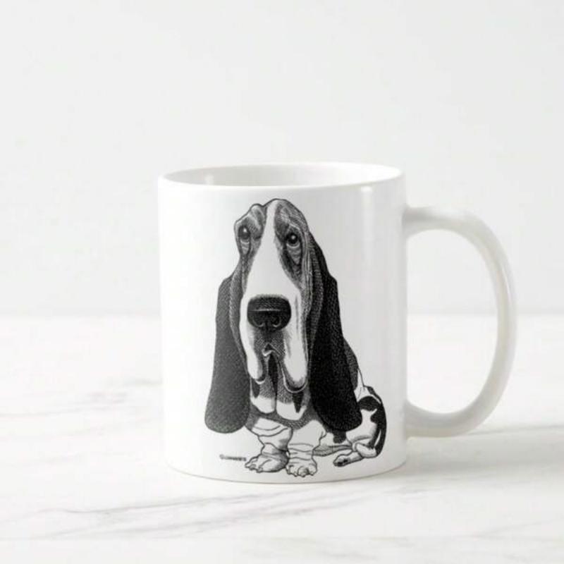 Tailorly White Ceramic 11 oz Mug - Hand Drawn Artistic Black And White Sketch Of A Sitting Sad Faced Dog