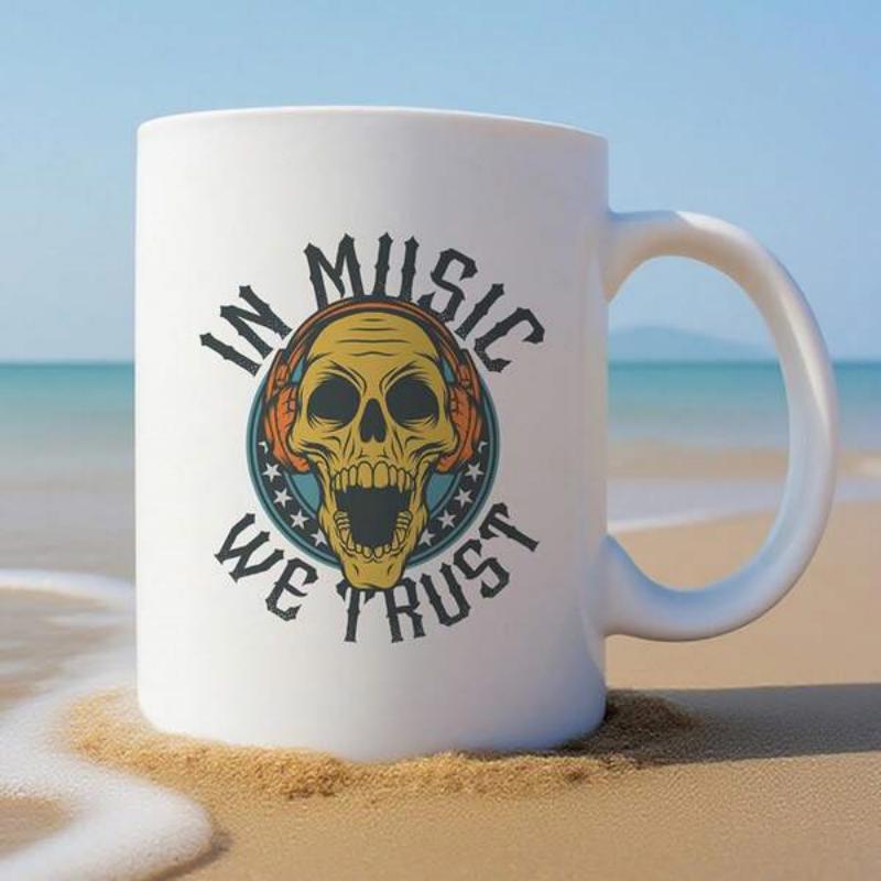 Tailorly White Ceramic 11 oz Mug - In Music We Trust Vintage Stylized Skull Wearing Headphones Inside A Starry Circular Frame Skull