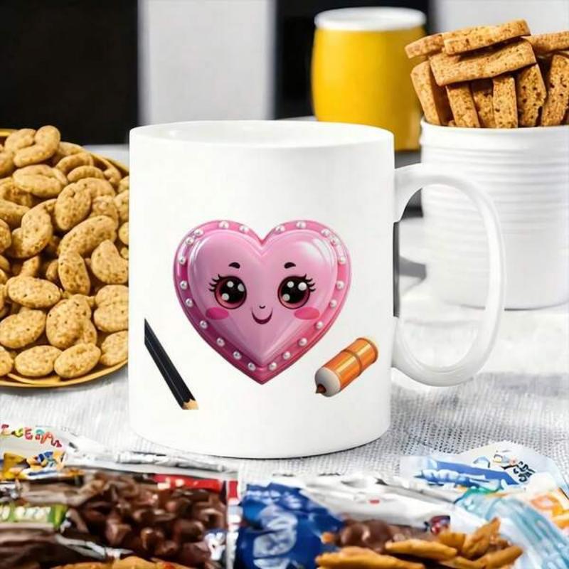 Tailorly White Ceramic 11 oz Mug - Adorable Smiling Pink Character With Large Shining Eyes And Small Objects Heart