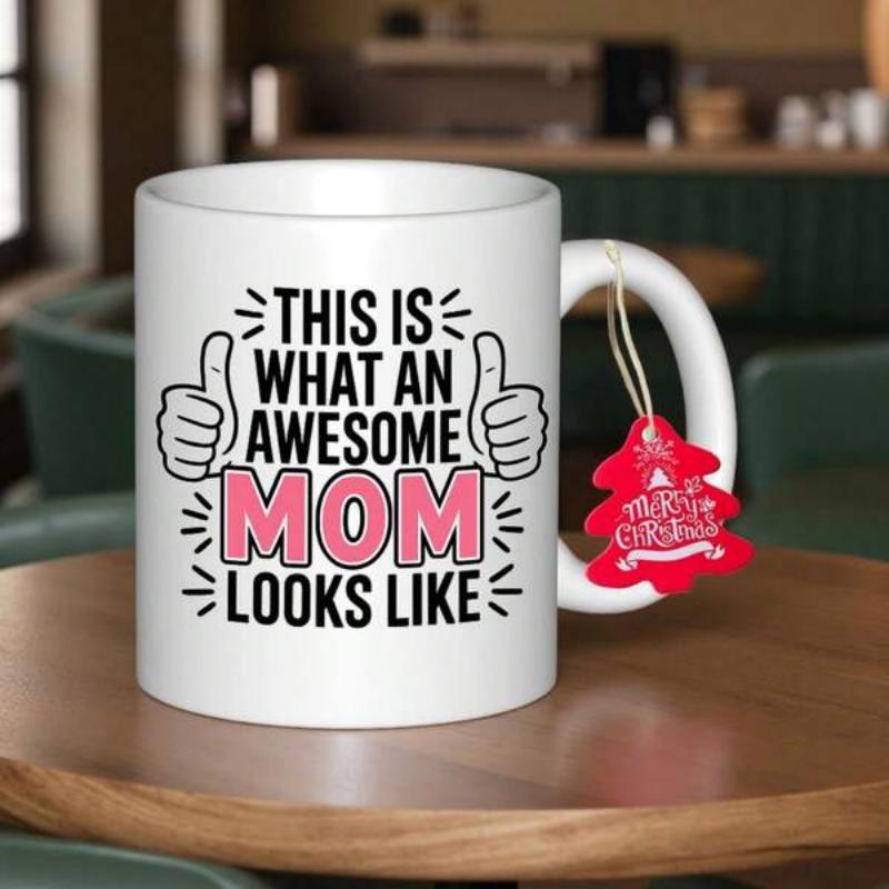 Tailorly White Ceramic 11 oz Mug - This Is What An Awesome Mom Looks Like Two Thumbs Up Symbols With Radiating Lines And Decorative Bold Typography Sign