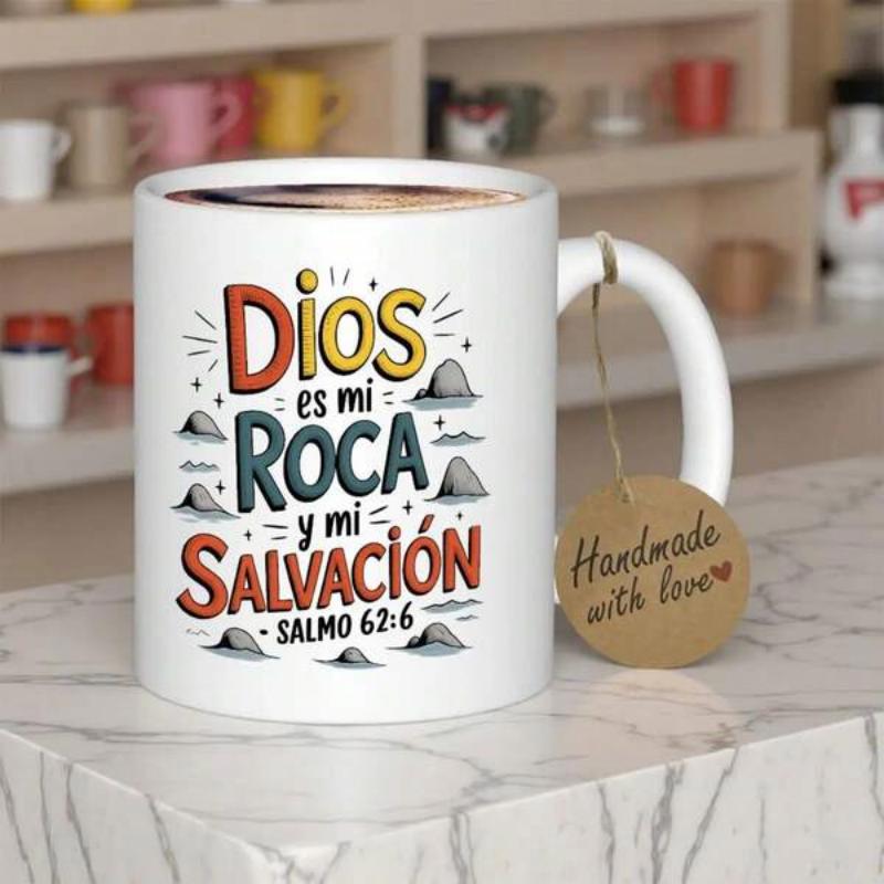 Tailorly White Ceramic 11 oz Mug - Handmade Love Stylized Religious Typography With Small Grey Textured Rocks And Artistic Lines Mountains