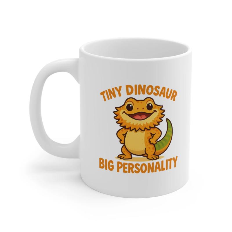 Tailorly White Ceramic 11 oz Mug - Tiny Dinosaur Big Personality Smiling Little Reptile Standing Confidently With A Cute Long Green Tail Bearded Dragon