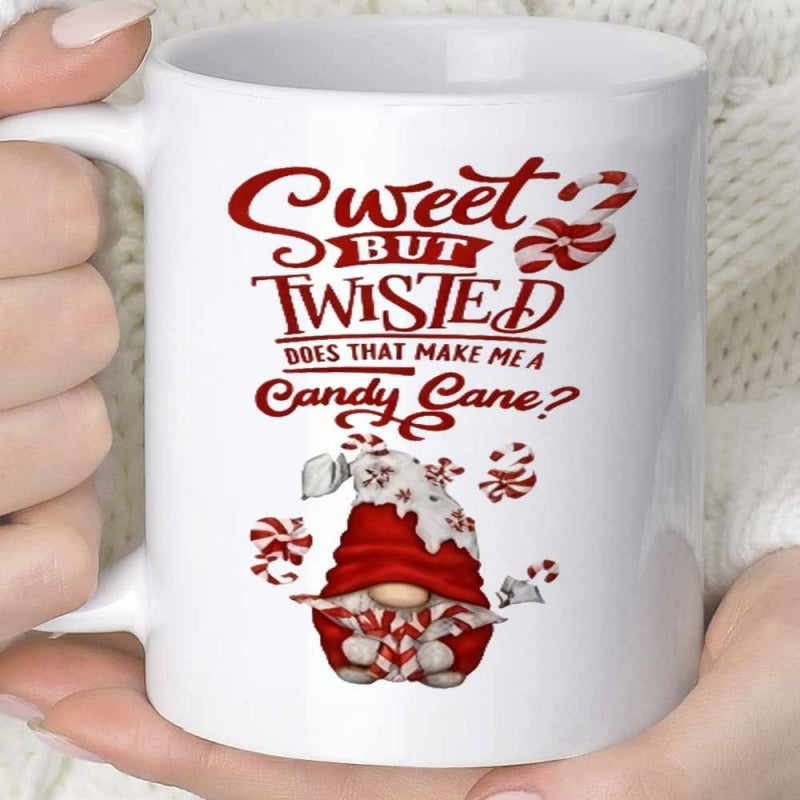 Tailorly White Ceramic 11 oz Mug - Sweet But Twisted Does That Make Me A Candy Cane Festive Gnome Wearing A Red Hat Among Many Swirling Peppermint Sweets Gnome