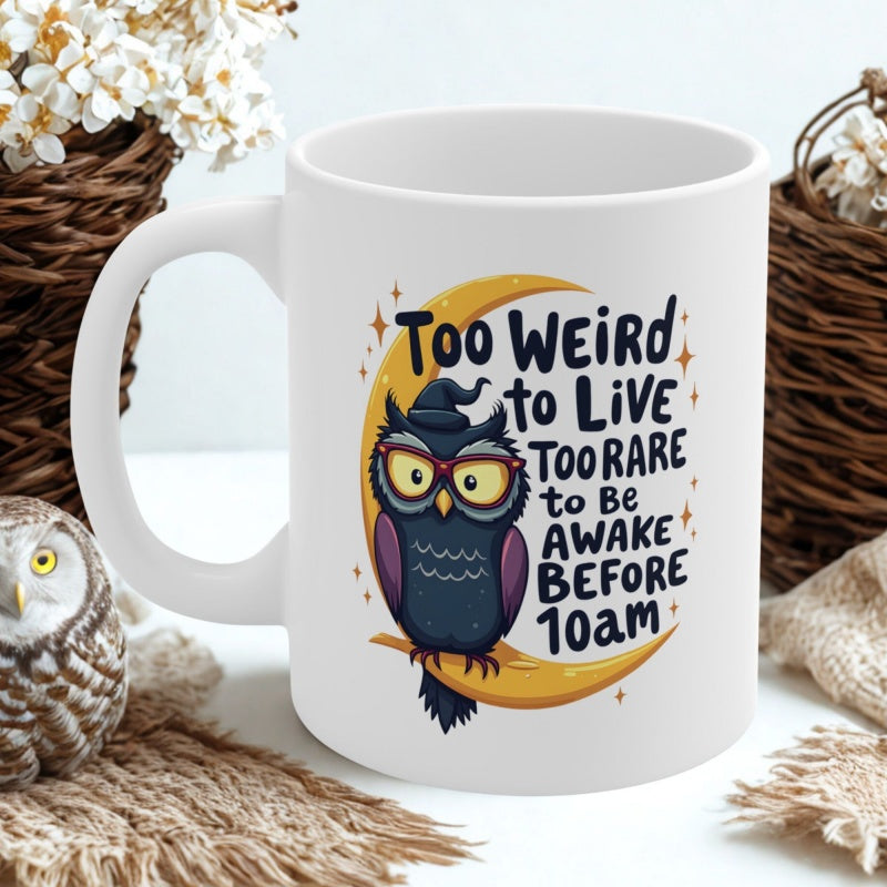 Tailorly White Ceramic 11 oz Mug - Too Weird To Live Too Rare To Be Awake Before 10am Adorable Bespectacled Owl Resting On A Yellow Golden Crescent Moon Owl