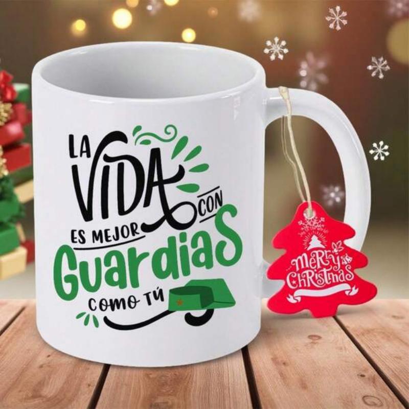 Tailorly White Ceramic 11 oz Mug - Merry Christmas Minimalist Artistic Typography With Decorative Green Leaves On Ceramic