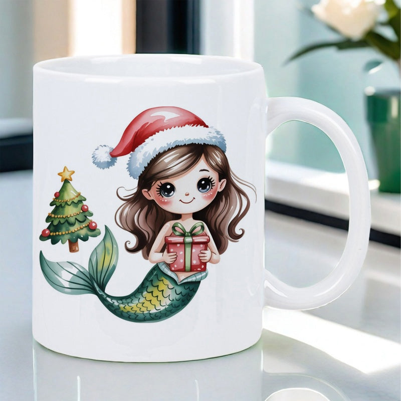 Tailorly White Ceramic 11 oz Mug - Adorable Holiday Girl Wearing A Santa Hat Holding A Gift Box Mermaid