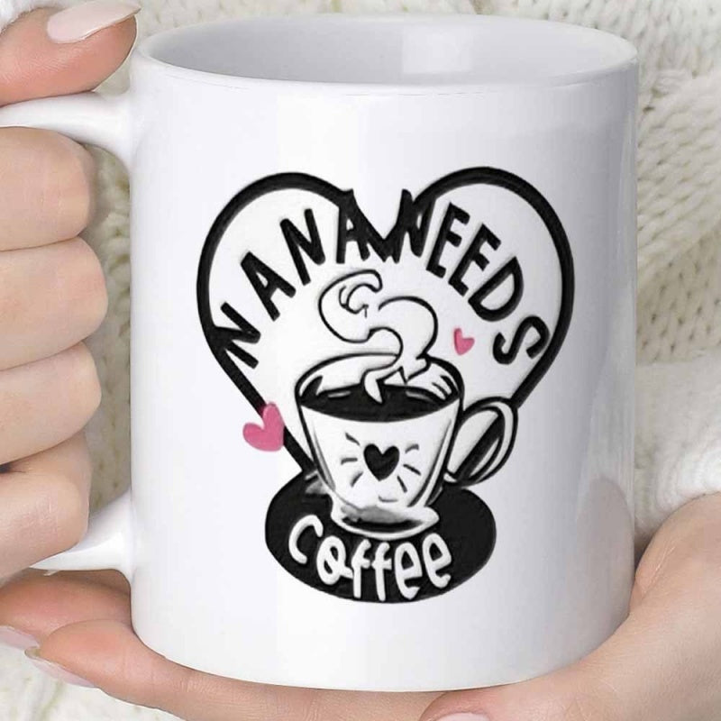 Tailorly White Ceramic 11 oz Mug - Nana Needs Coffee Artistic Heart Outline With Steaming Cup And Tiny Pink Hearts Coffee Cup