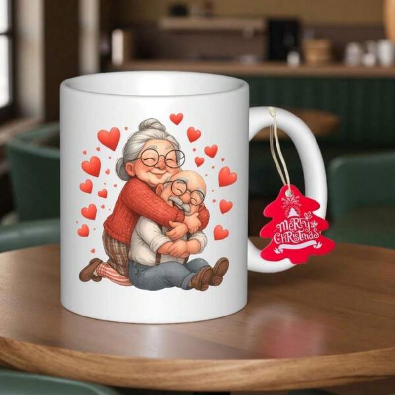 Tailorly White Ceramic 11 oz Mug - Charming Cartoon Style Hugging Among Floating Red Hearts And Warm Love Couple