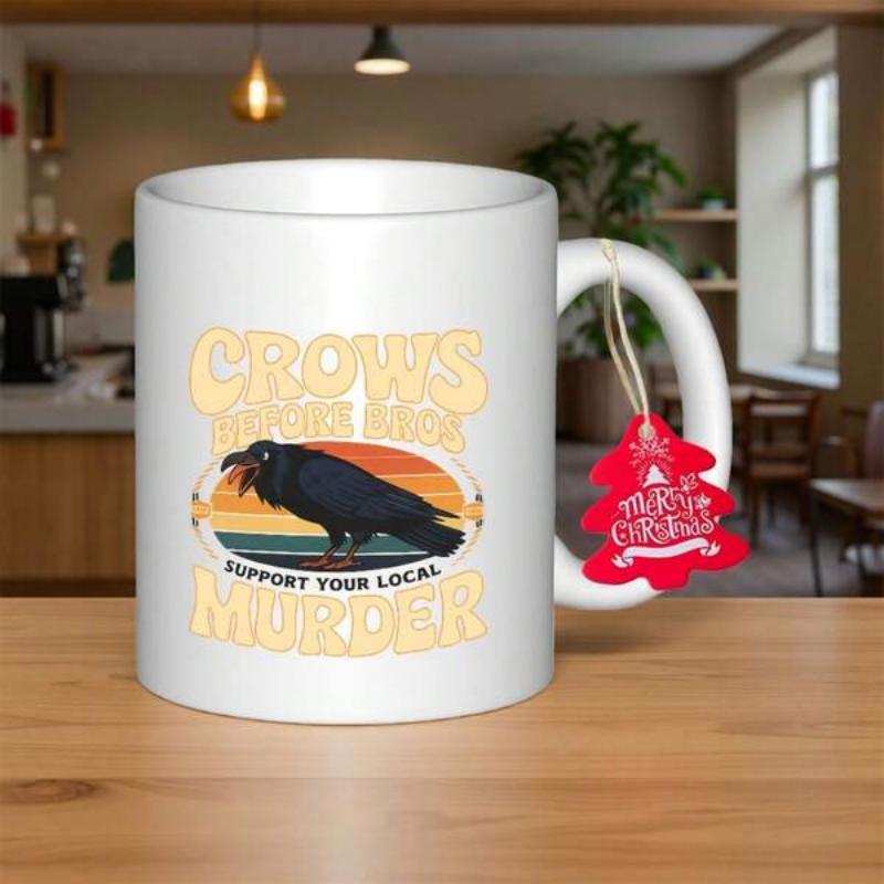 Tailorly White Ceramic 11 oz Mug - Crows Before Hoes Support Your Local Murder Vintage Retro Sunset Background With A Perched Black Bird Silhouette Crow
