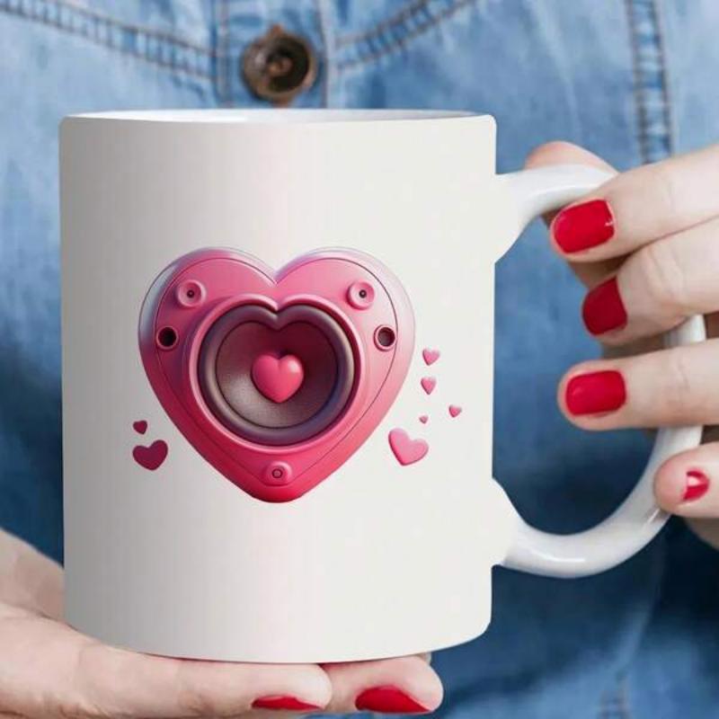 Tailorly White Ceramic 11 oz Mug - Vibrant Pink Heart Shaped Mechanical Speaker Surrounded By Floating Tiny Hearts Heart
