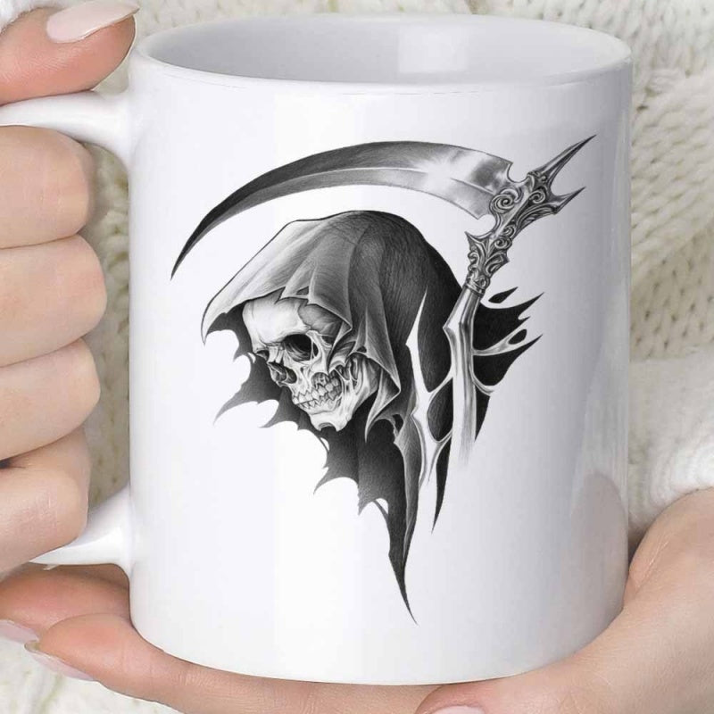 Tailorly White Ceramic 11 oz Mug - Gothic Hooded Figure Holding Sharp Curved Scythe Over Tattered Robes Reaper