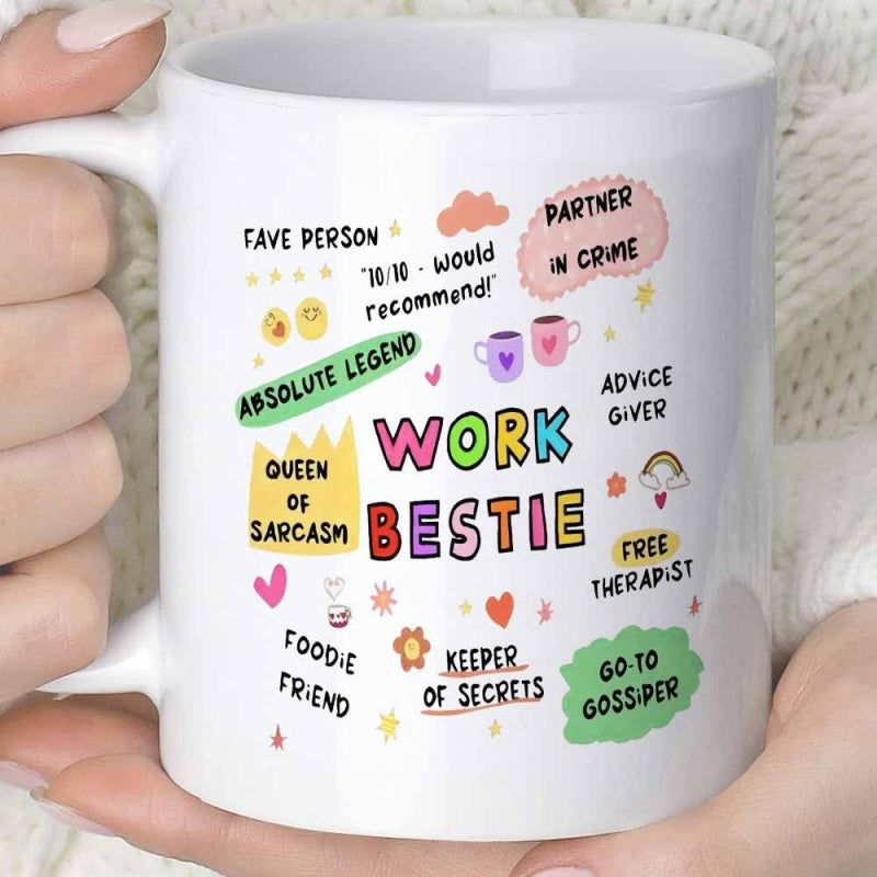 Tailorly White Ceramic 11 oz Mug - Work Bestie Partner In Crime Colorful Hand Drawn Minimalist Heart Cloud And Star Decorative Mug