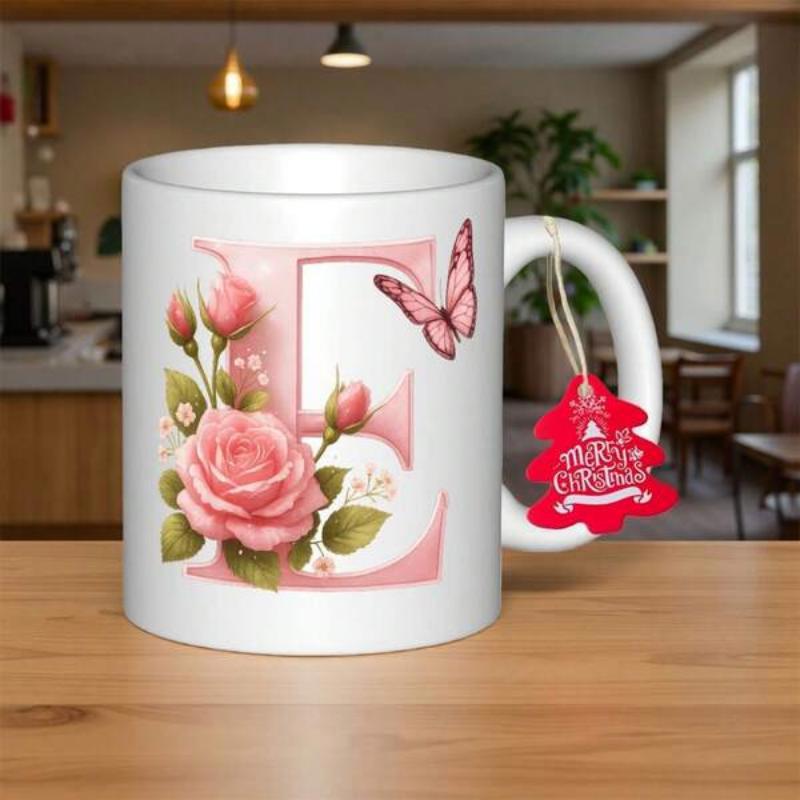 Tailorly White Ceramic 11 oz Mug - Merry Christmas Elegant Pink Floral Design With Rose And Butterfly Initial