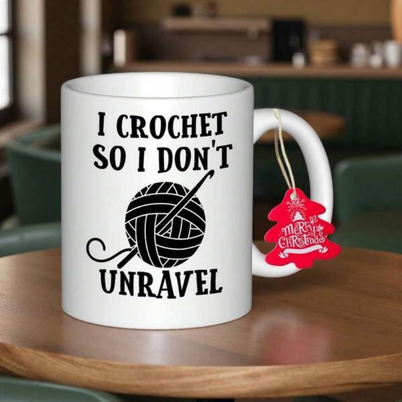 Tailorly White Ceramic 11 oz Mug - I Crochet So I Don't Unravel Minimalist Black Yarn Ball With Hook Stuck Through Center Mug